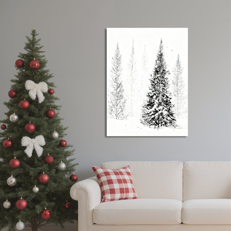 Hiver, forêt, pin, noir et blanc, art mural sur toile tendue, ensemble de 1, H 20 po x l 30 po