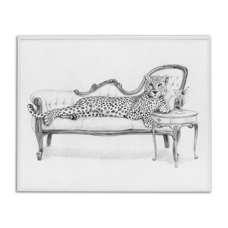 «Lounging Beast» guépard encadré, design par Victoria Barnes, H 11 po x l 14 po, Estampe numérique encadrée blanc bord de mer
