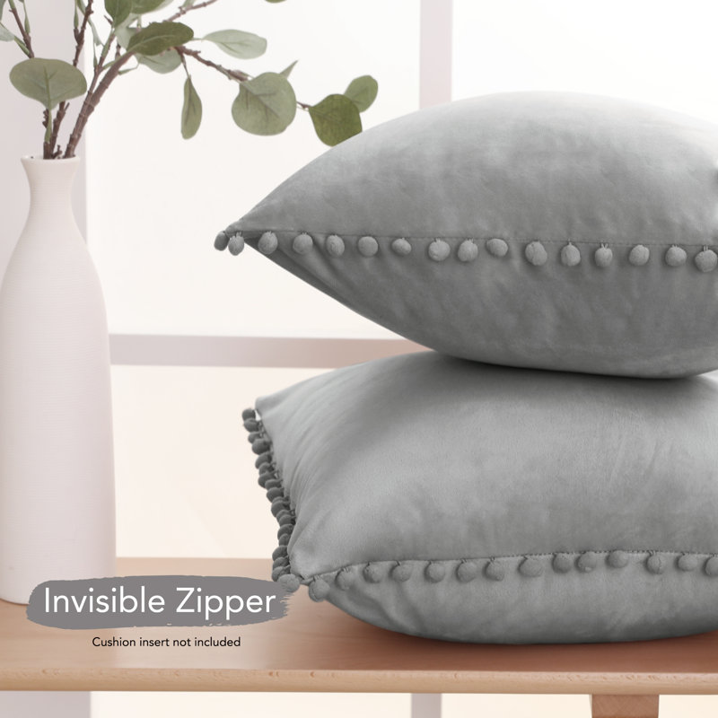 Gray Velvet Pom-Pom Trim Euro Pillow Covers, 22x22, Set of 2