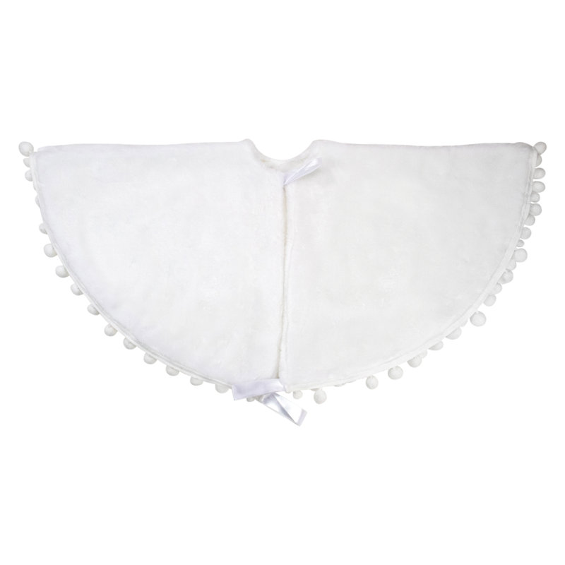 White Fabric Christmas Tree Skirt with Pom Pom Border