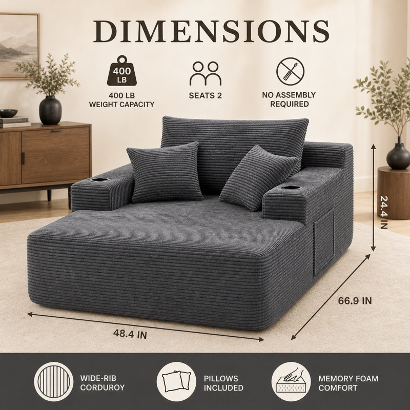 Chaise longue moderne surdimensionnée en velours côtelé de 170 cm, sans dossier, avec assise profonde, 3 coussins, 2 porte-gobelets et poche de rangement latérale, aucun assemblage requis, grise
