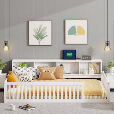 Lit simple en bois avec armoires de rangement et ports USB - brun, L 83,8 po x l 48 po