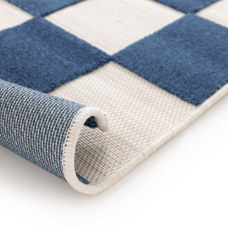 Aurelio Chequered Machine Woven Relief Indoor Outdoor Navy Area Rug, Rectangle 123 x 170cm