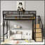 Grand lit mezzanine en métal avec escalier de rangement, garde-robe intégrée, tablettes de rangement