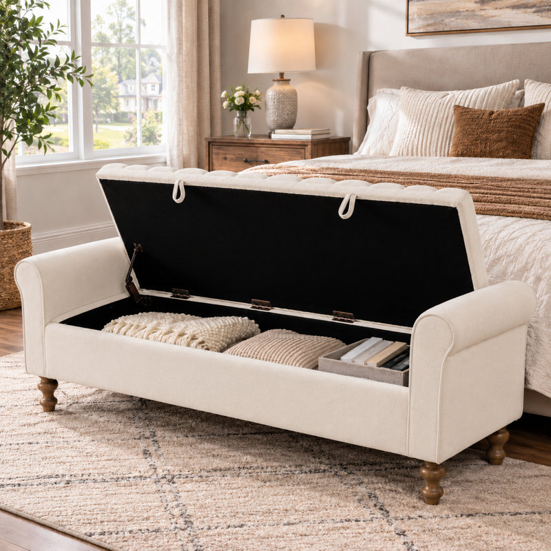 Banc de rangement contemporain luxueux, capitonné, avec siège à canaux, accoudoirs roulés et compartiment caché, idéal pour la chambre, le salon, l'entrée et les dortoirs.