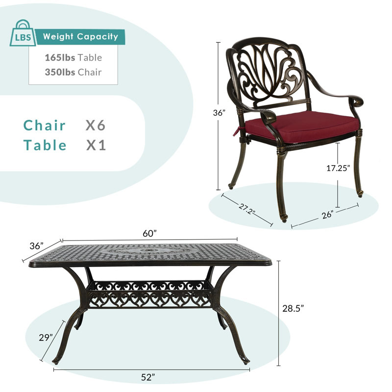 6 - Person Patio Dining Set with Rectangular Table , Cushions Included, Chili Red