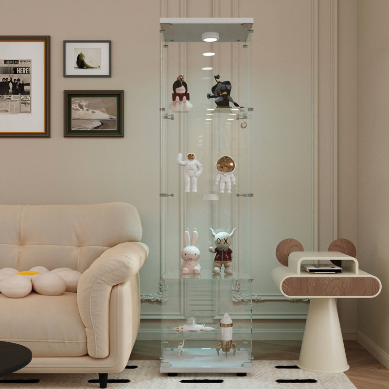 Armoire de rangement en verre trempé blanc avec éclairage, 64,51 po de hauteur, 15,44 po de longueur, 13,63 po de largeur, pieds réglables pour sols inégaux