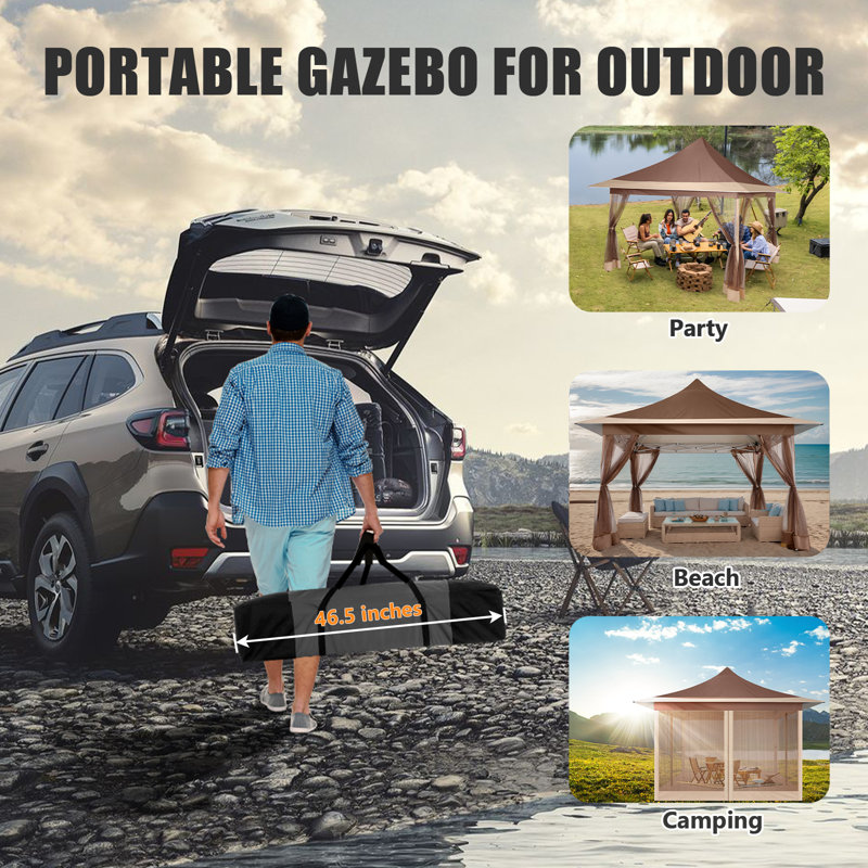 Brown and Beige 12x12ft Waterproof Pop-Up Gazebo Tent with Mosquito Netting