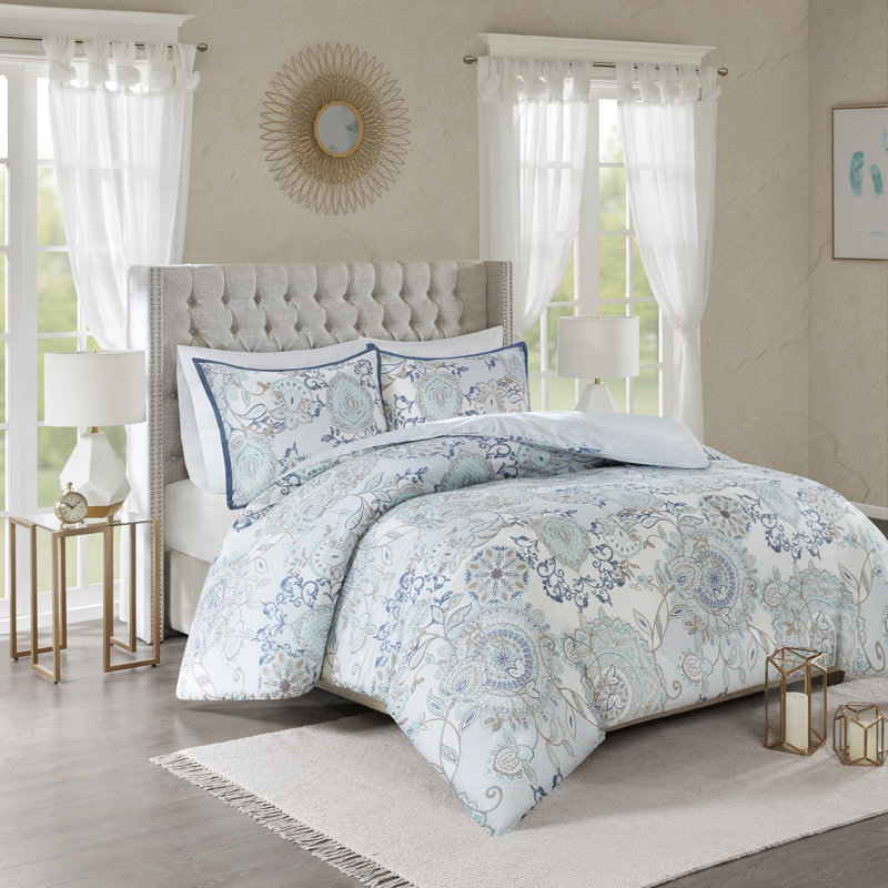 Boho-Chic Blue Floral Cotton King/Cal King Duvet Set