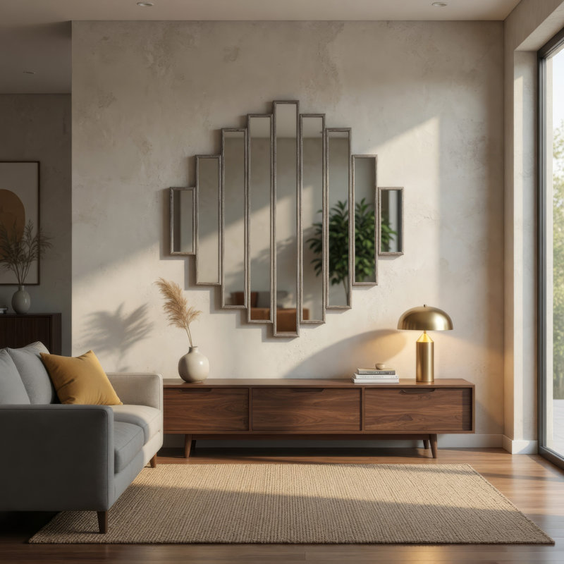 Miroir murale en bois avec plusieurs sculptures encadrées, argent