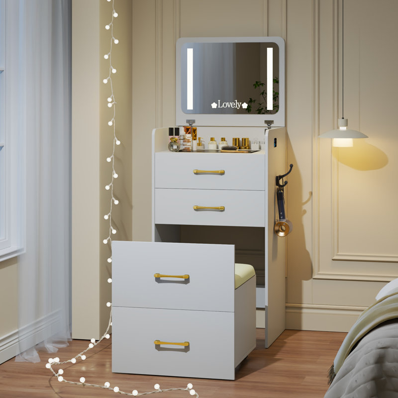 Dressing Table with Mirror, Gold, White