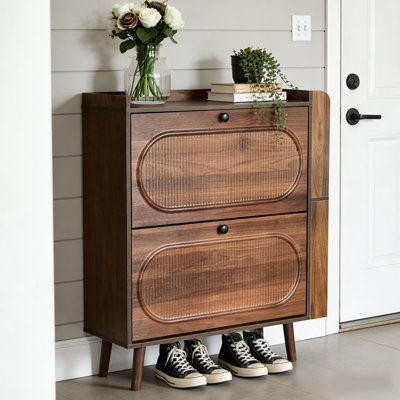 2-Drawer Flip-Top Shoe Cabinet, 14-16 Pairs Capacity, Adjustable Shelves, Natural Wood Entryway Organizer