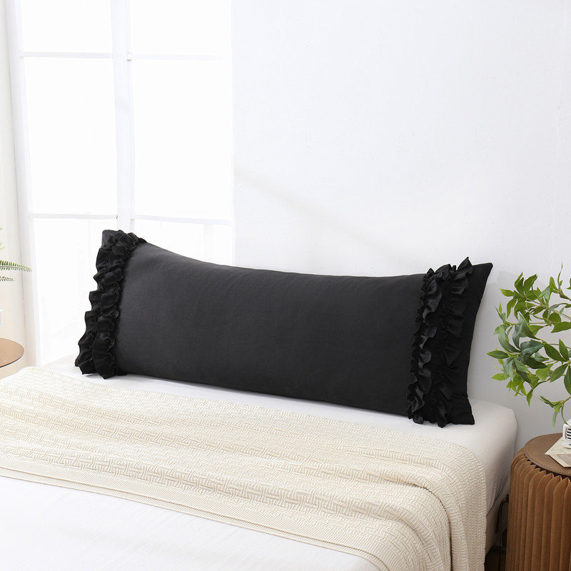 Housse de coussin noir, housse de coussin chic à volants, 20 po x 54 po, ensemble de 1 taie d'oreiller à volants vintage de style champêtre français, microfibre délavée
