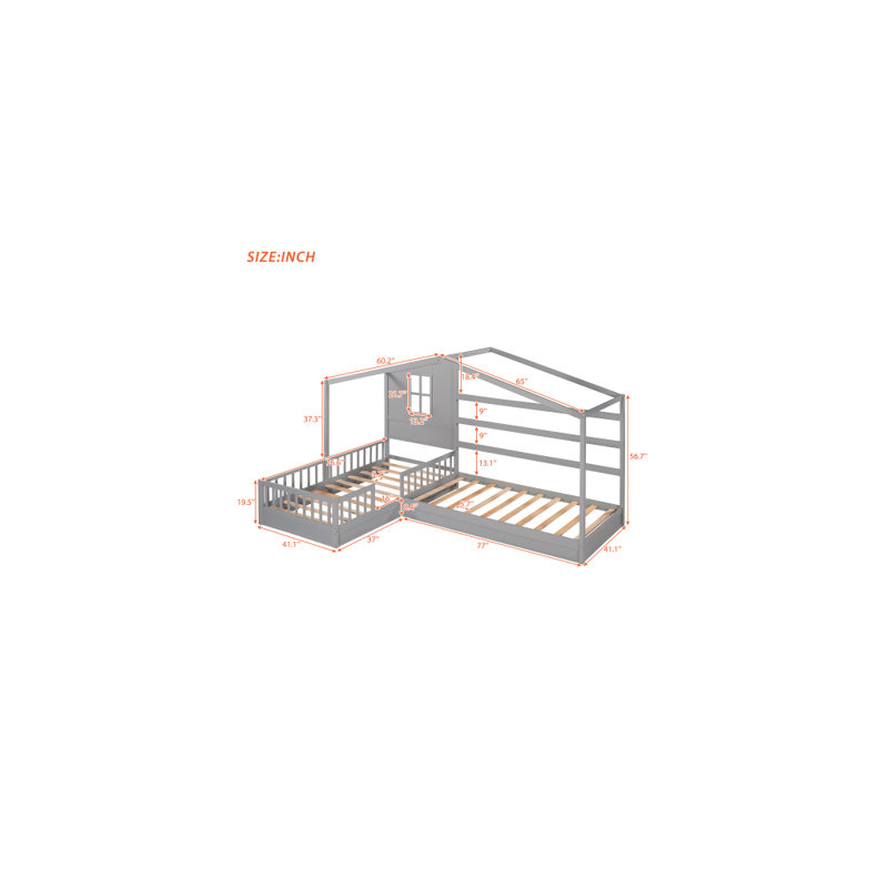 Wood House Bed Twin Size, 2 Twin Solid Bed L Structure With Fence And Slatted Frame, Grey, Grey
