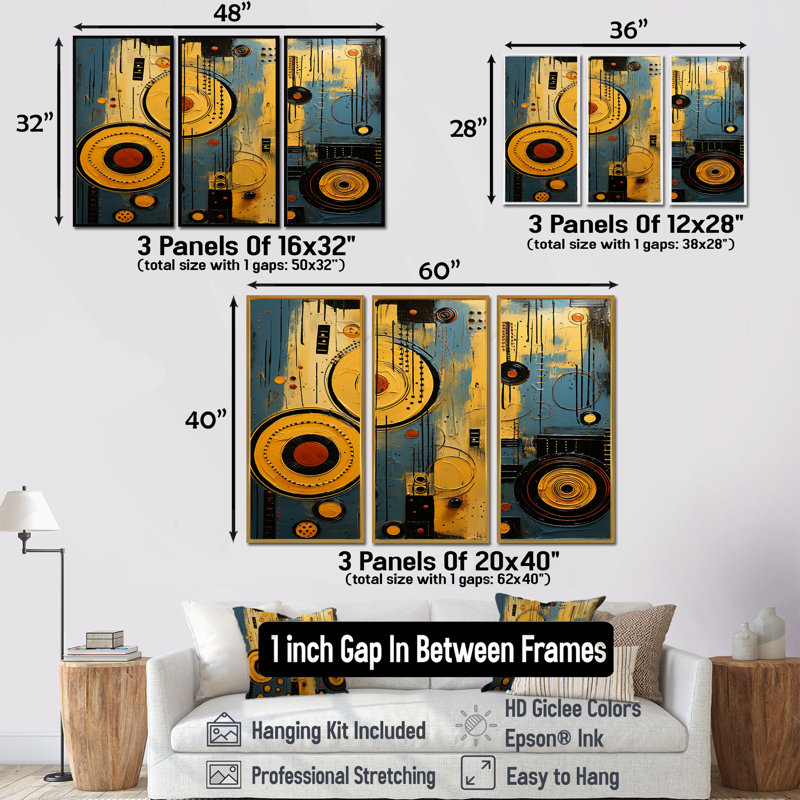 Cercle contemporain contemporain, collage, ensemble d'art mural africain, Cadre flottant doré, H 32 po x l 48 po x P 1 po
