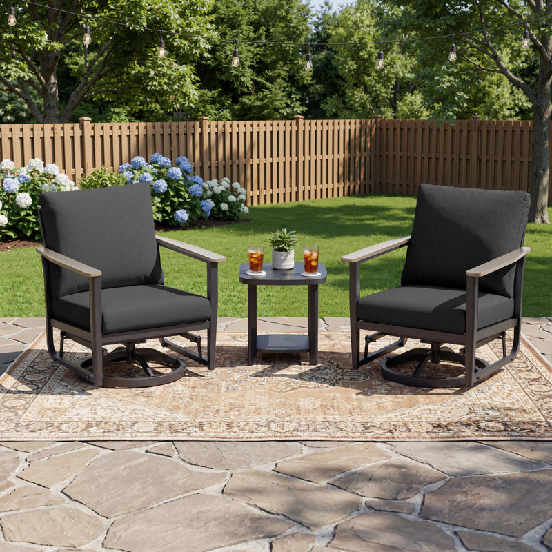 3-Piece Outdoor Aluminum Swivel Rocker Chair Conversation Set With Cushions And Side Table, Black