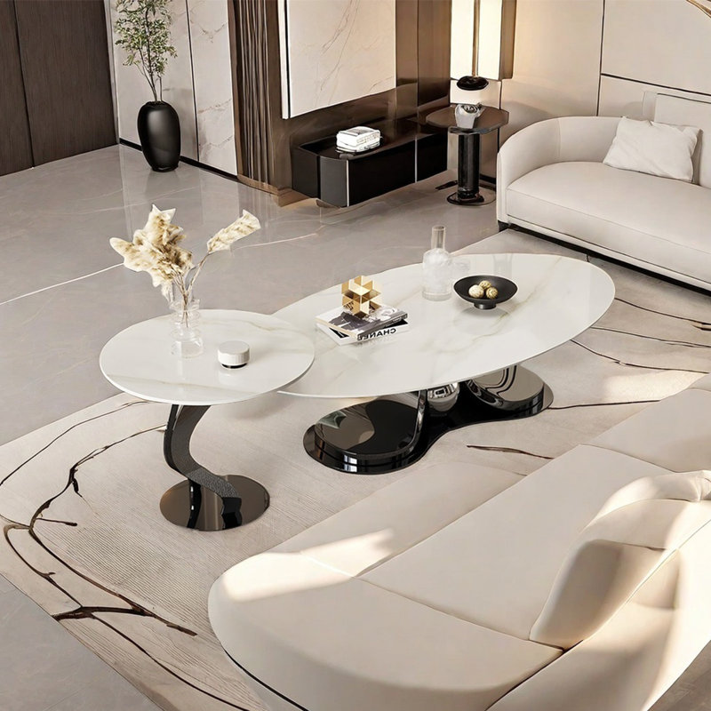 Modern simple oval rock plate coffee table, 15.7" H x 51.2" L x 27.6" W, Black Titanium