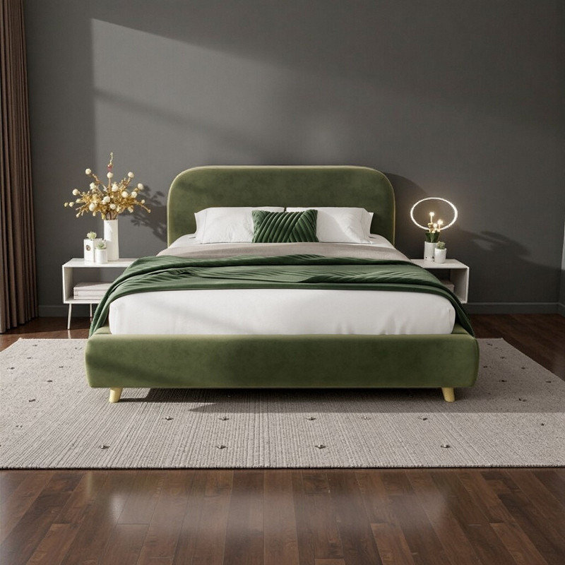 Grand lit plateforme tapissier avec tête de lit courbée en tissu de velours, aucun sommier tapissier requis