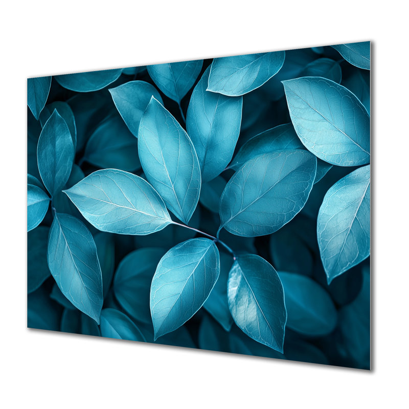 Feuilles de feuilles bleu sarcelle monochromes II - impression de feuilles sur métal, H 34 po x l 44 po