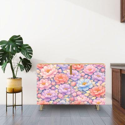 Sideboard Buffet Cabinet with Storage Floral Pink Purple Blue Peonies Pastel with 2 Doors for Living Room and Kitchen