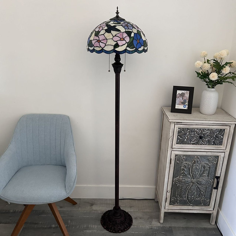 Lampe sur pied Tonsey Tiffany rose vitrail bleu avec colibri fleurs en métal l 16 po x P 16 po x H 64 po