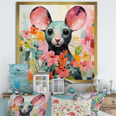 «Pink Curious Rat Blooms I», souris, art mural