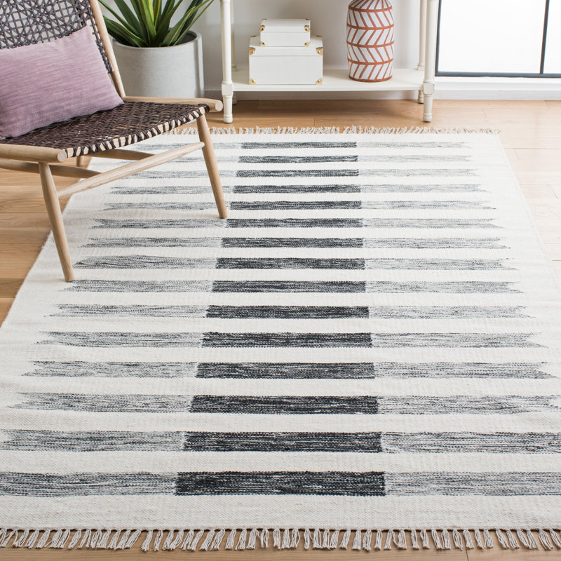 Adanna Hand Loomed Wool/Cotton Striped Rug in Black/Ivory, Rectangle 5' x 8'