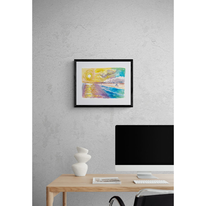 Santa Monica Sun With Mountains, Beach And Sea Print by Martina Bleichner, Black Framed Paper, 16" H x 20" W
