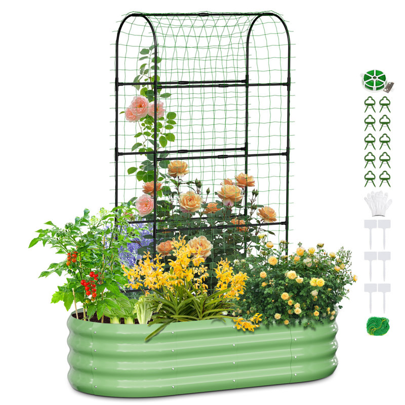 Lit de jardin surélevé galvanisé avec treillis arqué 71 po pour plantes grimpantes, Vert