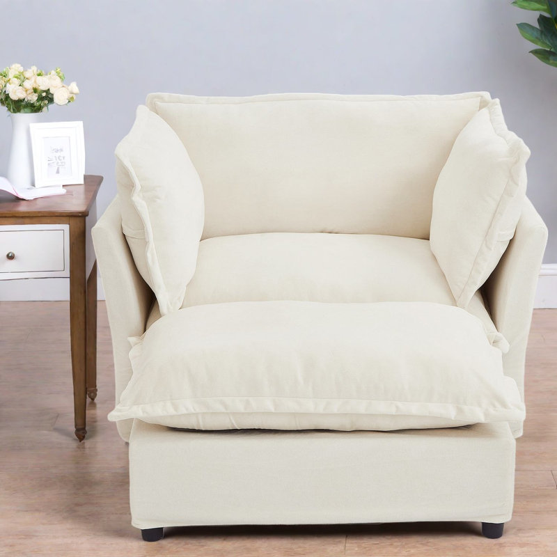 Chaises d'appoint spacieuses en chenille avec repose-pieds mobile, beige moderne