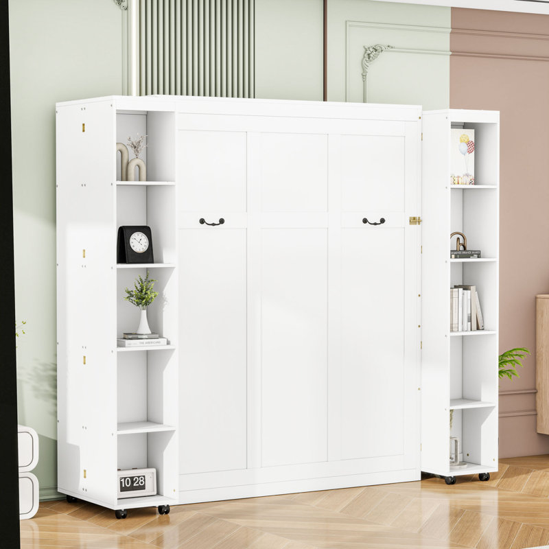 Grand lit escamotable en bois avec tablettes de rangement à pousser, Blanc