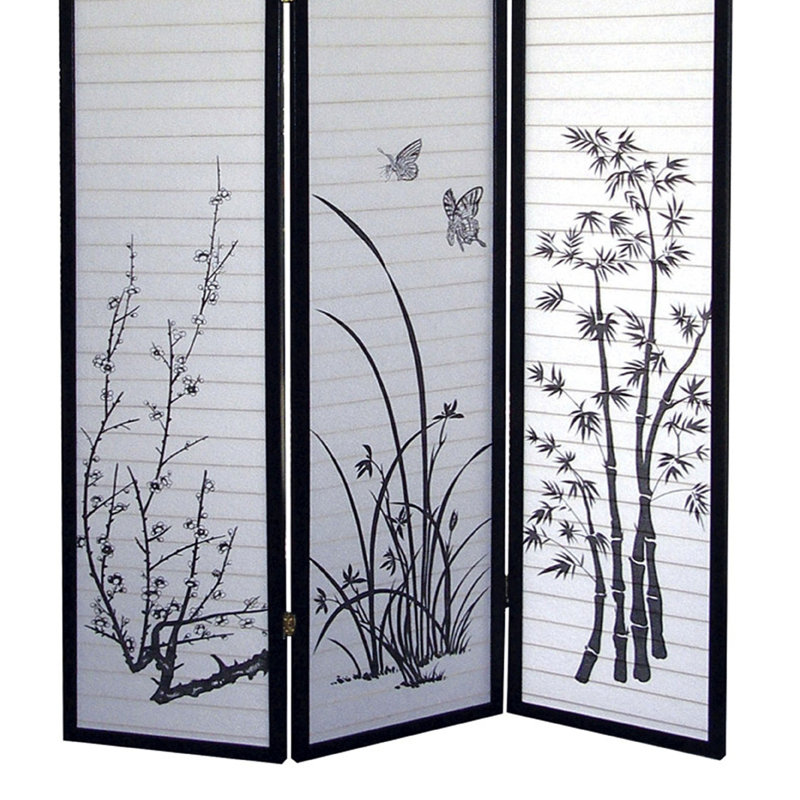 Paravent de 70 po de hauteur à 3 pièces avec motif floral et noir
