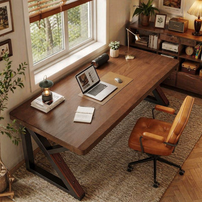 Solid Wood 55.1-Inch Extra Long Desk,Thickened Desk,Two Person Double Desk For Home Office, Wooden Long Computer Desk,Writing Table For Office, Walnut