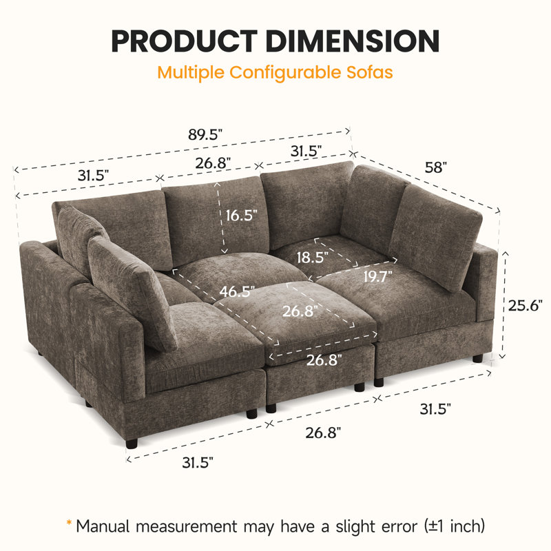 Canapé-lit modulaire 6 pièces avec repose-pieds modulaire convertible, H 36,2 po x l 89,5 po x P 58 po, Brun