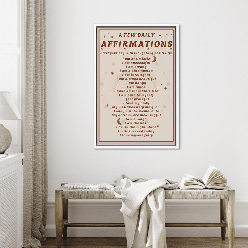 "Daily Affirmations", citations inspirantes sur l'art textuel sur toile, H 36 po x l 24 po x P 1,5 po, Blanc