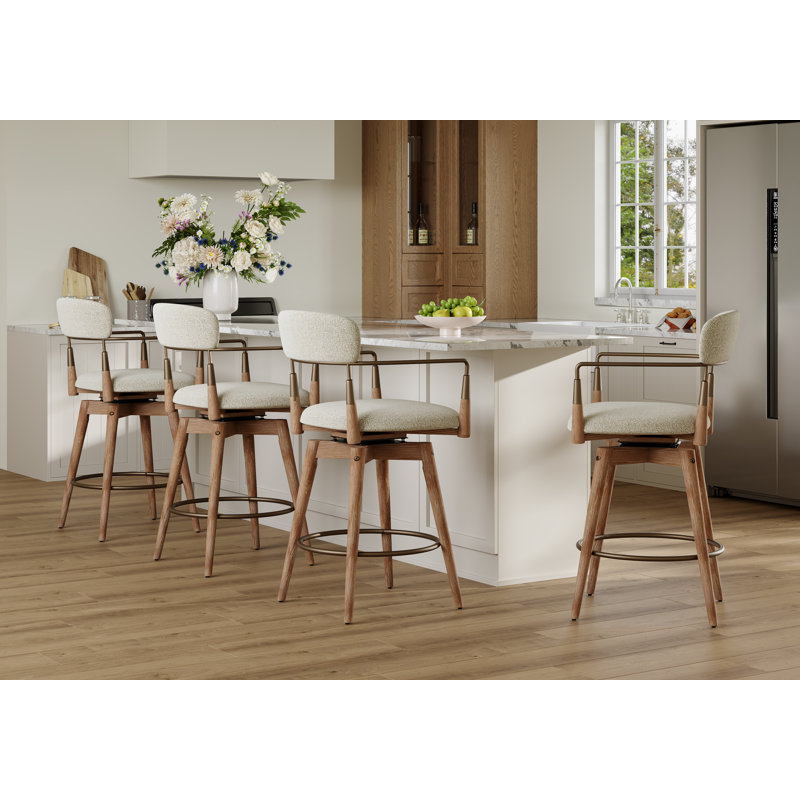 Mid-Century Modern Swivel Counter Stool With Solid Wood Frame, Beige