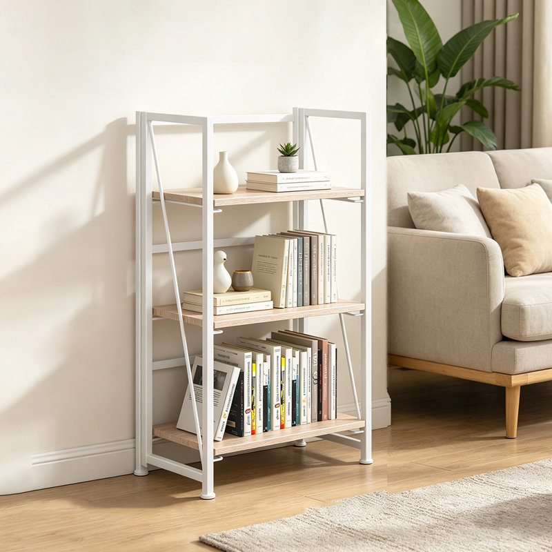 Bibliothèque pliante, étagère de rangement à 3 niveaux pour bureau à domicile, sans assemblage, Naturel / Blanc