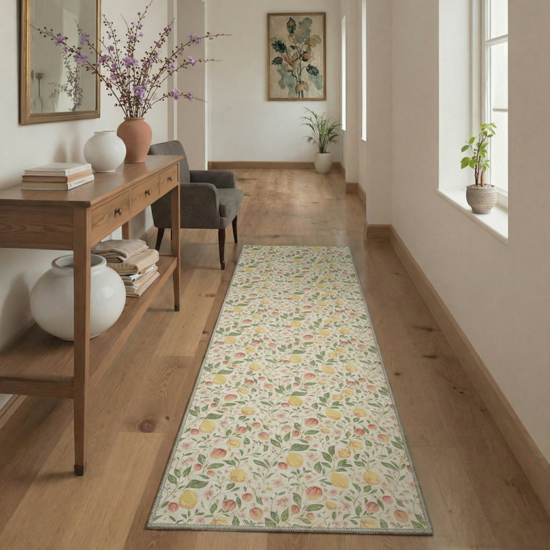 Boho Fruit Foliage Machine Washable Blush Peach Indoor Area Rug With Non-Slip Backing, Runner 2'3" x 6'