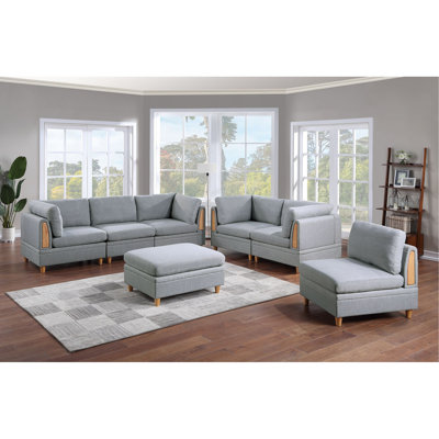 Ensemble de canapé modulaire 7 pièces Dorris gris clair Canapé en tissu 4 coins avec 2 fauteuils sans accoudoirs et 1 repose-pieds