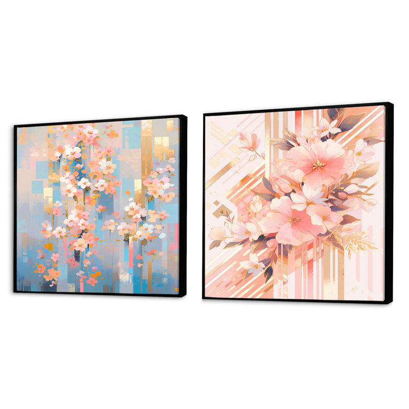 Fleurs de cerisier rose modernes Bold Stripes V - ensemble de 2 carrés de fleurs de cerisier carrés, Cadre flottant noir