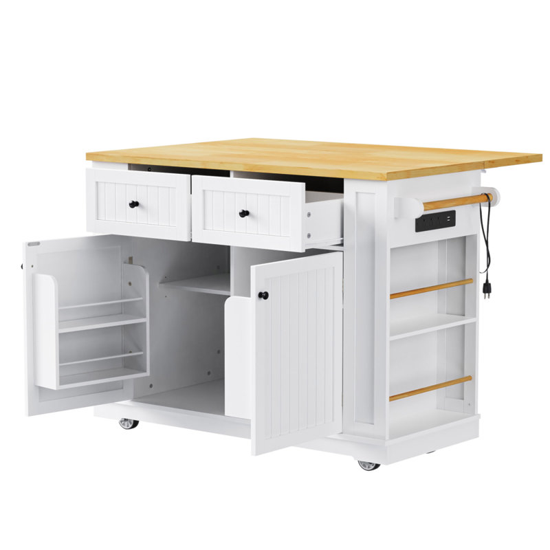 48Inch Large Kitchen Island With 2 Bar Stools, Power Outlet, Door Internal Storage Rack, Kitchen Storage Cart On 5 Wheels With Drop Leaf, 5 Open Side Racks, 2 Drawers,For Kitchen,Dining Room
