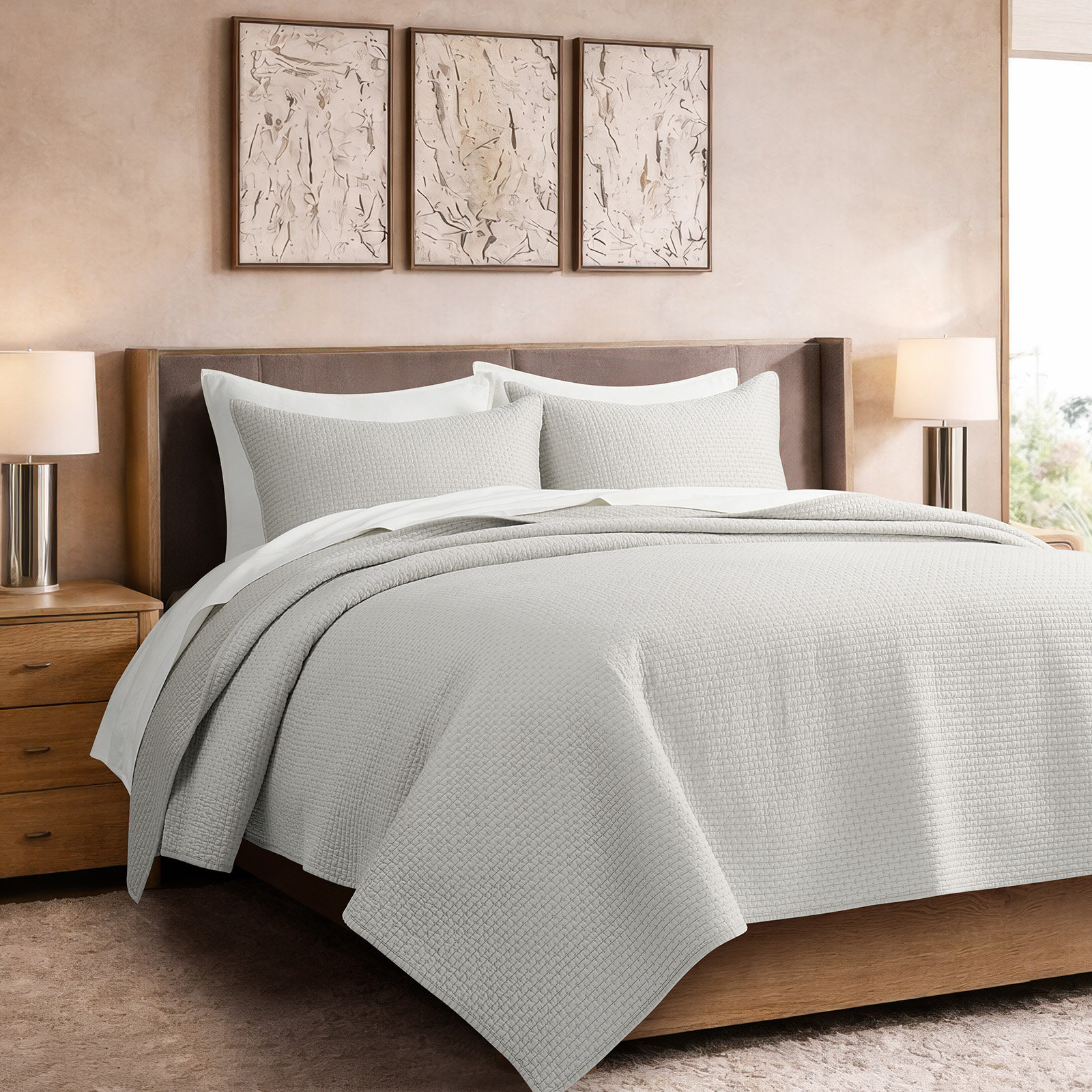Cotton Sateen Quilt Set, King Quilt + 2 King Shams, Frost Gray