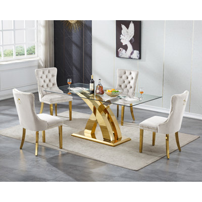 Glass Dining Table Set with Upholstered Dining Chairs, 70" Rectangle Kitchen Table and Chair Set, Clear Glass Dining Room Table Set, Modern Home Kitchen Furniture