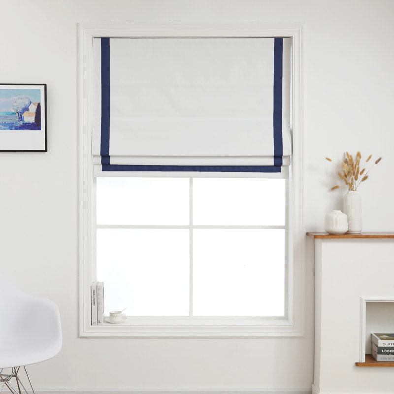 Store romain 100% occultant sans cordon avec bordure en ruban, Bleu marine, L 29 po x L 64 po
