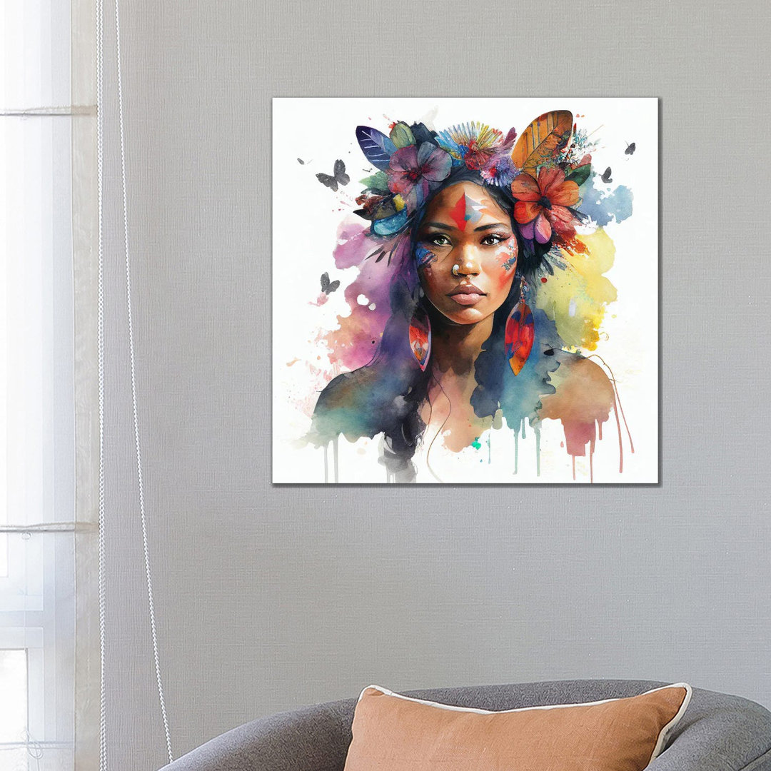 Watercolor Floral Indian Native Woman I von Chromatic Fusion Studio - Gallery-Wrapped Canvas Giclée on Canvas