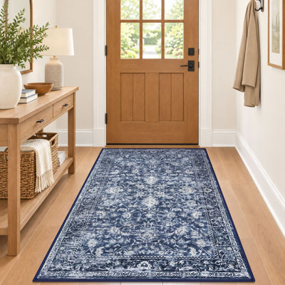 Tapis floral lavable rétro avec envers en caoutchouc antidérapant pour la chambre à coucher du salon