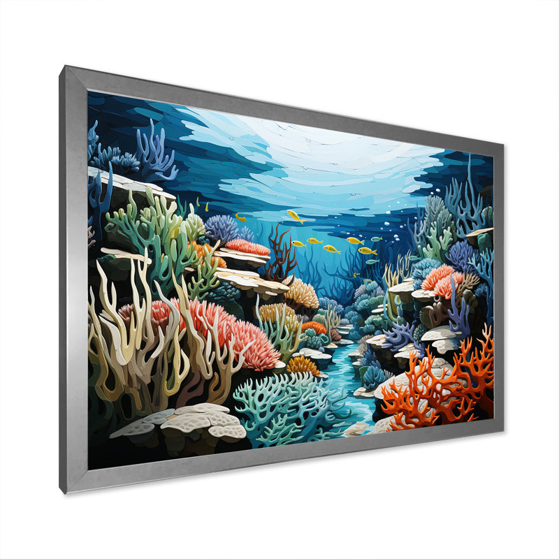 Rêve de récif marin sous l'eau, Cadre de coin argenté fermé, H 16 po x l 32 po x P 1 po