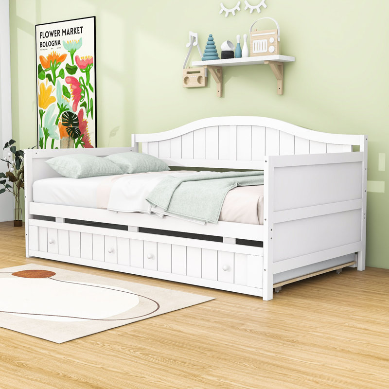 Twin Size Wooden Daybed with Trundle, White