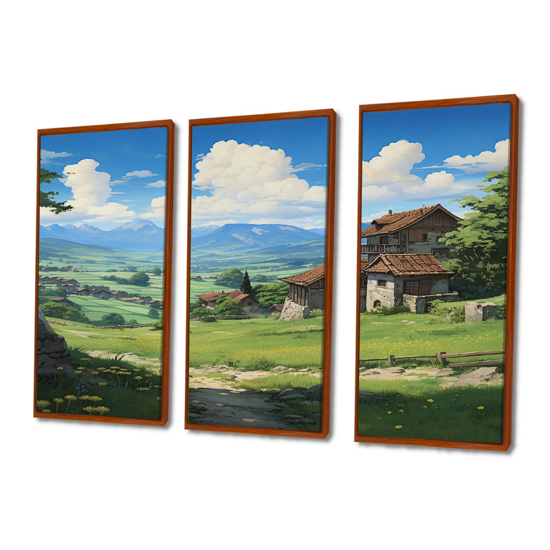 Maison de campagne dans un champ vert, ciel bleu - ensemble de salon d'art mural paysage, Cadre flottant brun