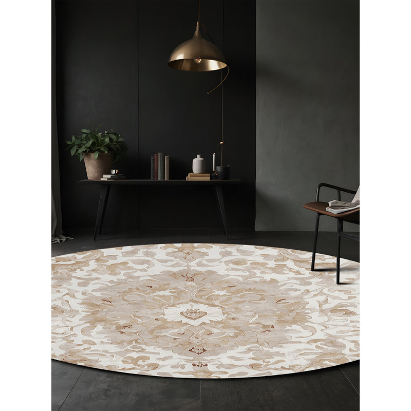 Tapis beige soyeux et moelleux, Rond 7 pi